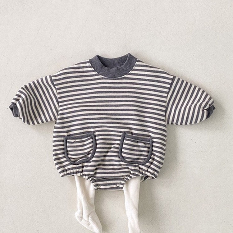 Baby Striped Pattern Crewneck Long Sleeve Quality Onesies-3