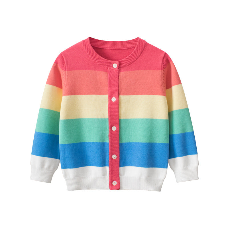 Baby Girl Colorful Striped Pattern Single Breasted Design Knit Cardigan-0