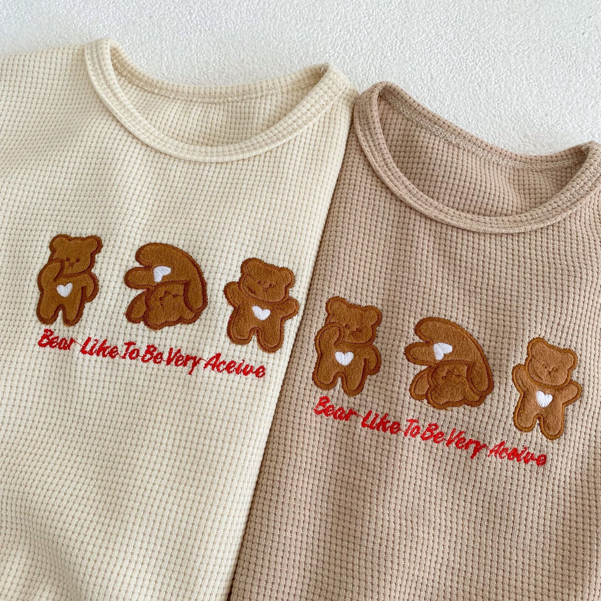 Baby Bear Embroidered Pattern Waffle Fabric T-Shirt Combo Shorts Sets-4