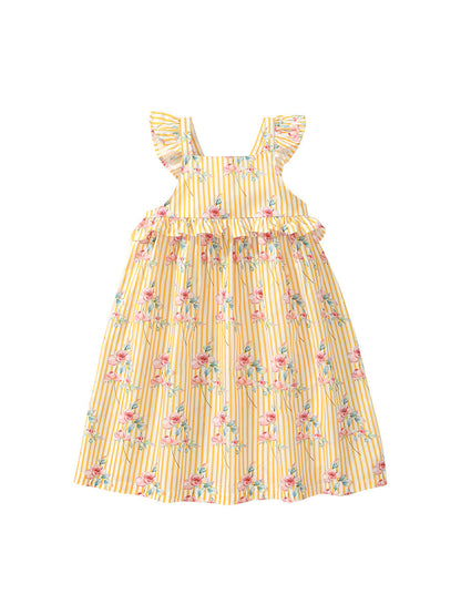 New Design Summer Girls Sleeveless Flowers Print Yellow Striped Strap Dress-0