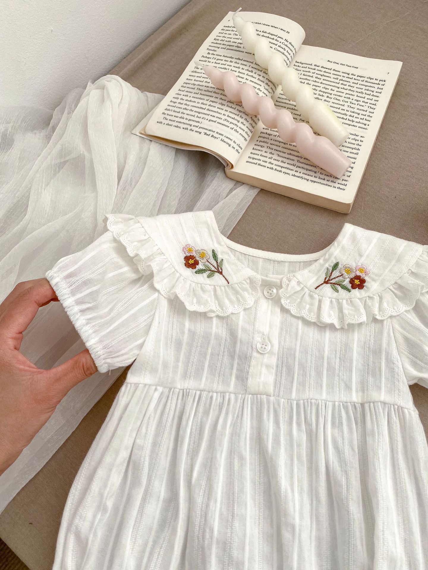 New Arrival Summer Girls Floral Embroidered Collar Short Sleeves Onesies-4