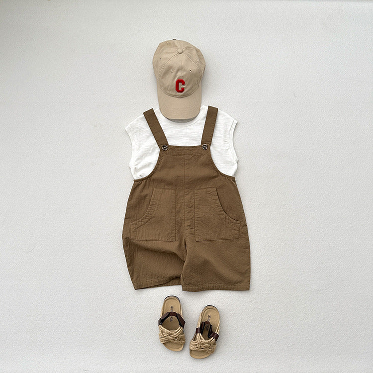 New Arrival Summer Baby Kids Unisex Solid Color Cotton Overalls-4