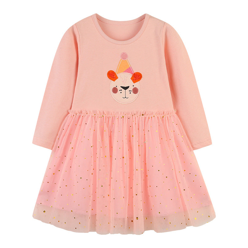 Baby Girl Cartoon Animal Patched Pattern Mesh Overlay Design Dress-0