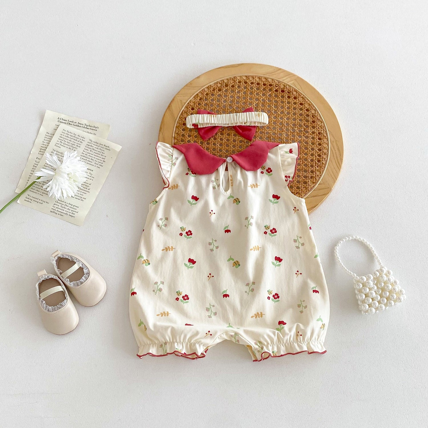 Hot Selling Summer Baby Kids Girls Floral Pattern Sleeveless Red Collar Romper-3