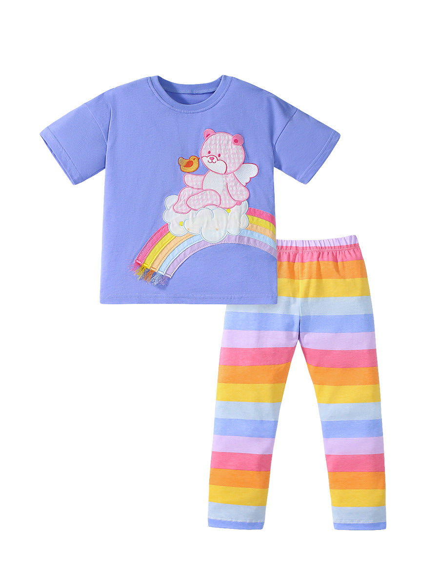 Summer Baby Kids Girls Rainbow Teddy Pattern Short Sleeves T-Shirt And Striped Pants Clothing Set-1