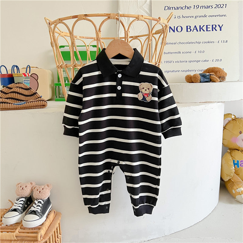 Baby Cartoon Bear Print &amp; Striped Pattern Polo Neck Long Sleeve Romper-5