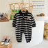 Baby Cartoon Bear Print & Striped Pattern Polo Neck Long Sleeve Romper-5