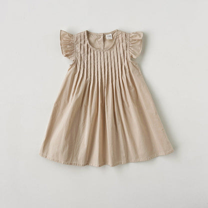 Summer New Arrival Kids Girls Fly Sleeves Solid Color Pleated Dress-1