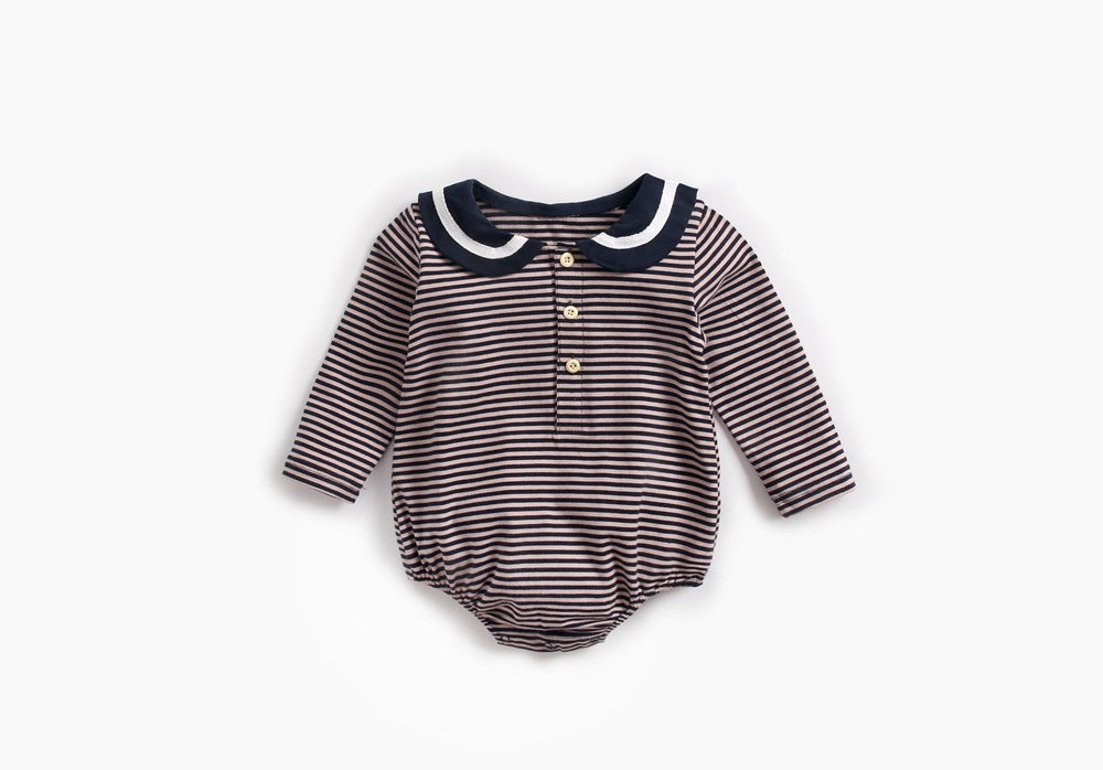 Baby Girl Striped Pattern Sailor Collar Design Fashion Long Sleeves Bodysuit Onesie-4