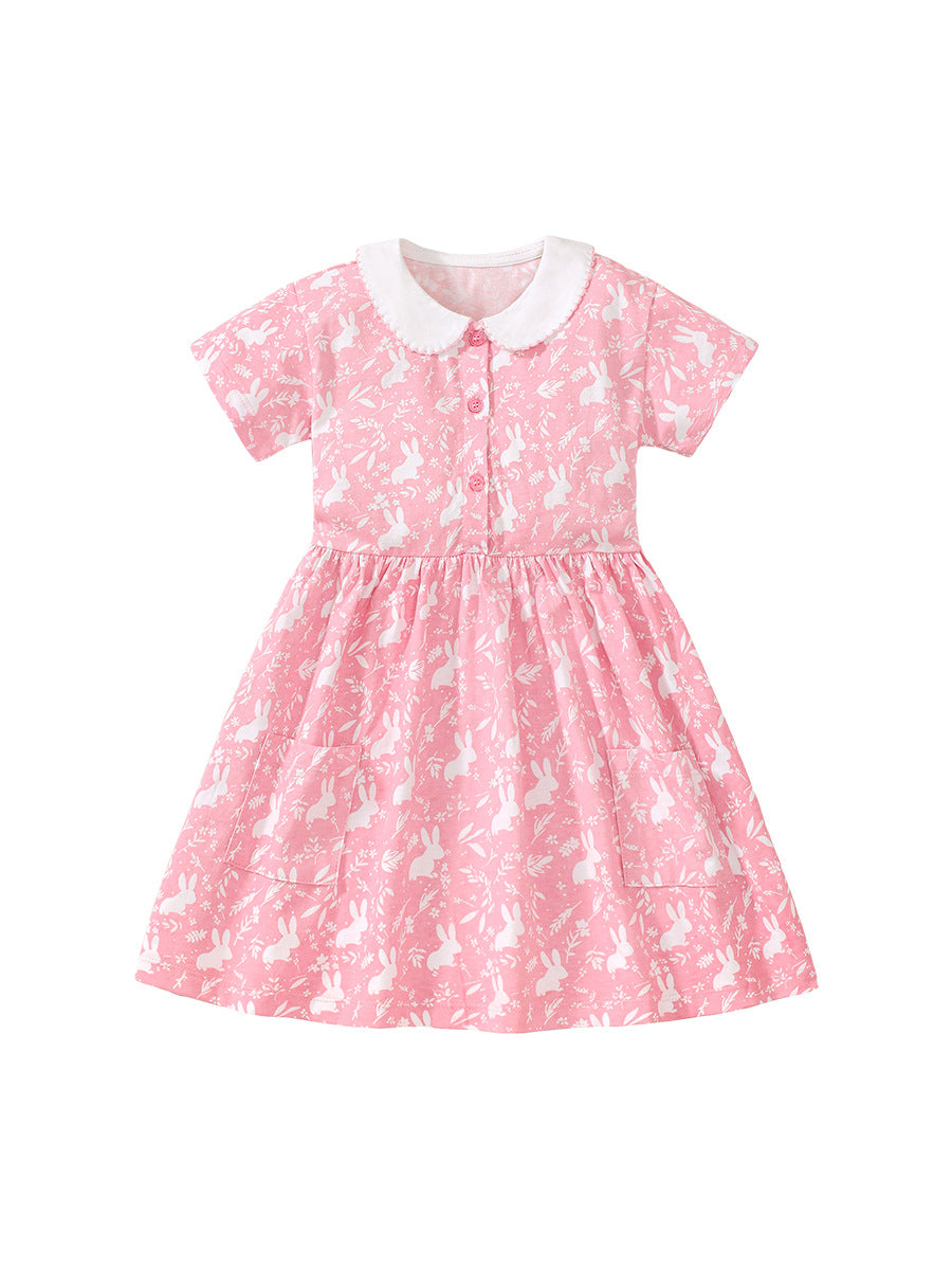 Baby Kids Girls Pink Short Sleeves Dress With Rabbits And Flowers Pattern-1