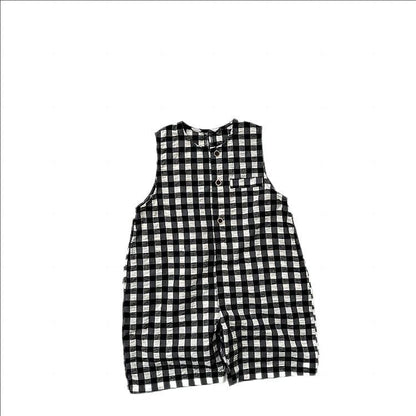 New Arrival Summer Baby Kids Unisex Black Plaid Sleeveless Single Breasted Cotton Romper-3