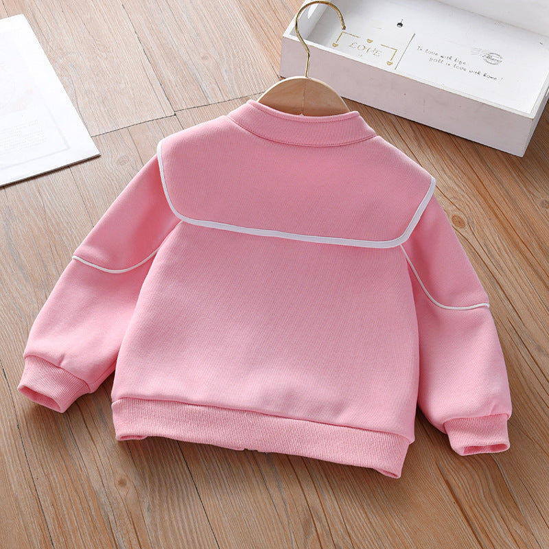 Baby Girl Embroidered Lapel Design Solid Color Quality Coat-3