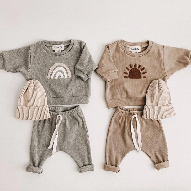 Baby Rainbow Sun Pattern Hoodies Combo Pants Sets-0