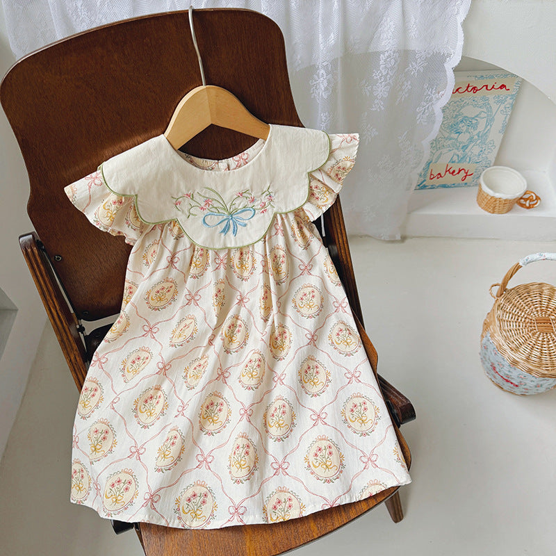 New Design Summer Kids Girls Vintage Floral Print And Embroidery Fly Sleeves Dress-0