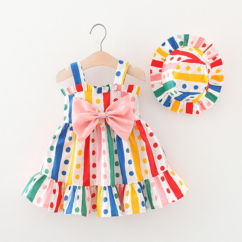 Baby Girl Colorful Dot Pattern Big Bow Tie Design Sling Dress-0