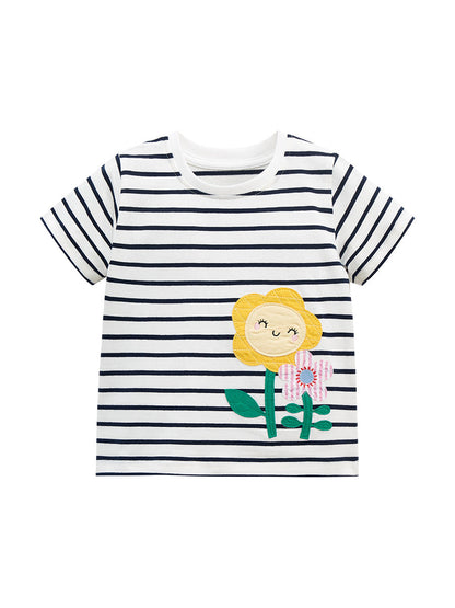 Baby Kids Girls Black Striped Floral Pattern Short Sleeves T-Shirt-1