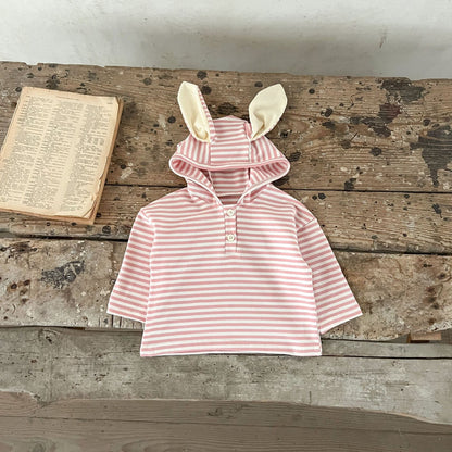 Spring Baby And Kids Unisex Striped Hoodie Top And Rabbit Cartoon Overalls Romper Clothing Set-4