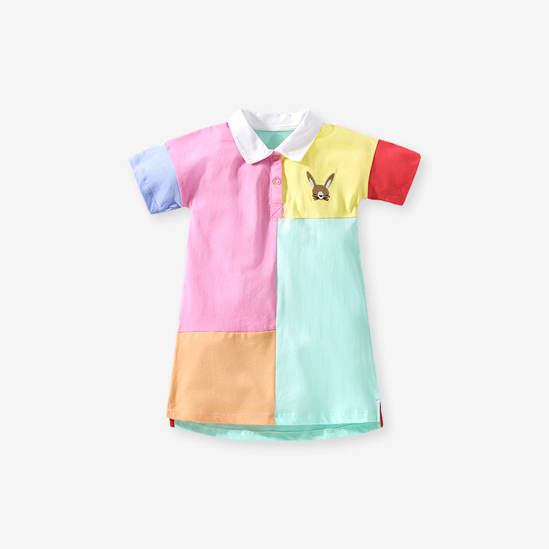 Summer Baby Kids Girls Short Sleeves Color Patchwork Polo Design Dress-0