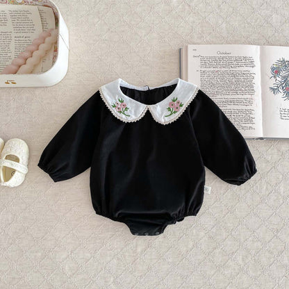 Newborn Baby Girls Peter Pan Floral Collar Long Sleeves Solid-4