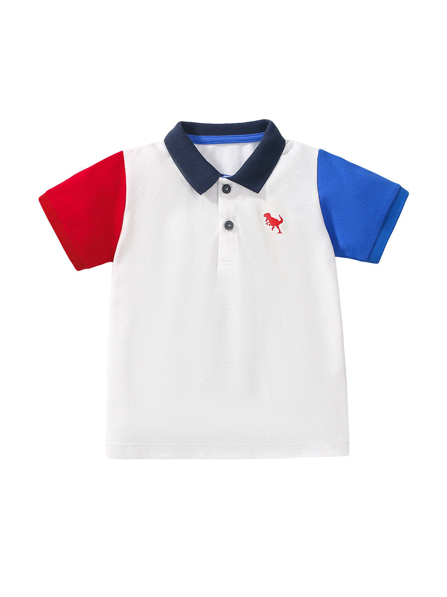 Summer New Design Kids Boys Dinosaur Logo Short Sleeves Color Patchwork Polo Shirt-1