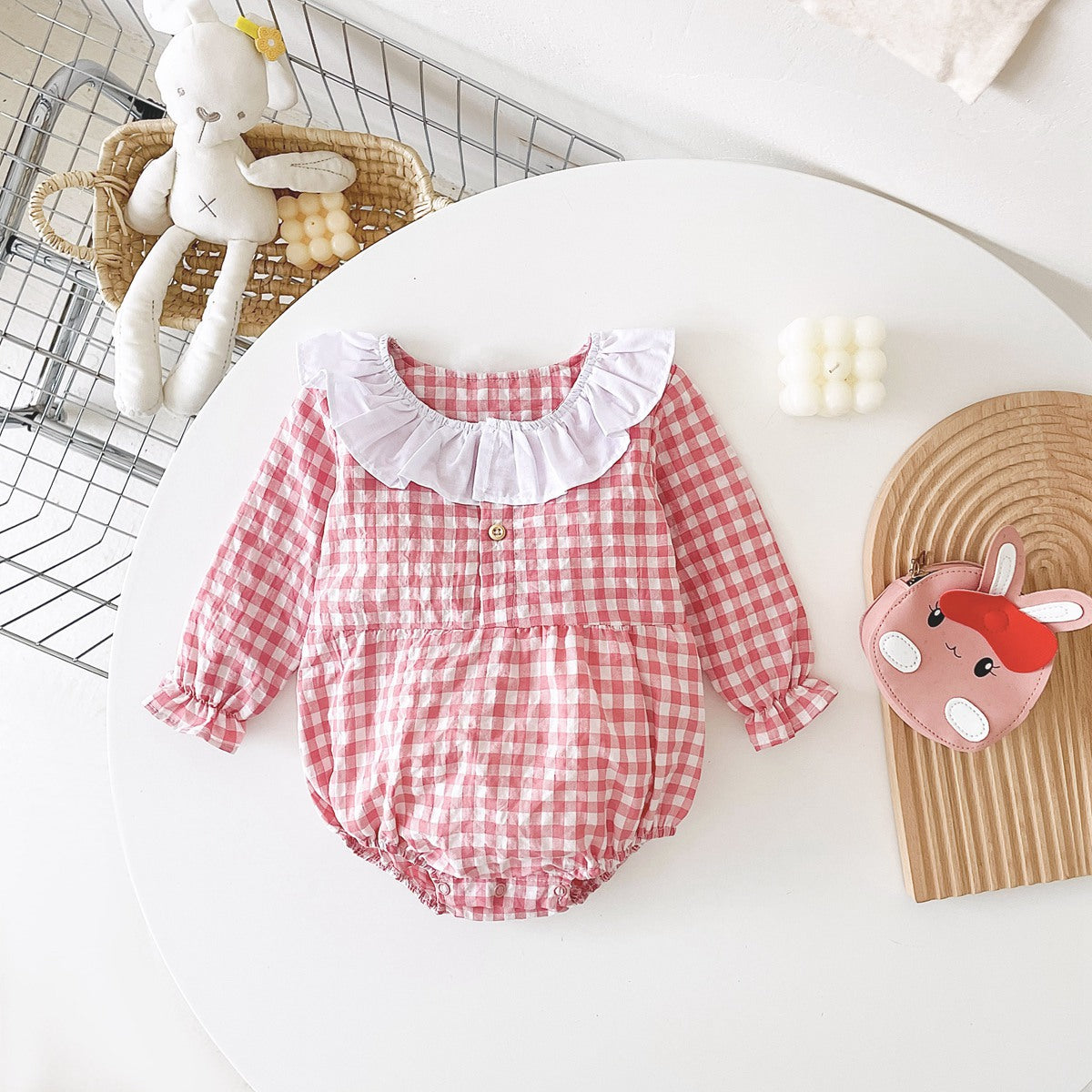 Baby Girl Plaid Pattern Ruffle Neck Design Triangle Sweet Onesies-3