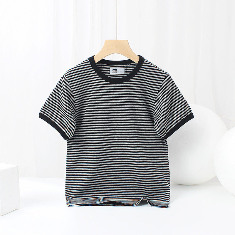 Baby Striped Pattern Crewneck Short Sleeve Cotton T-Shirt-4