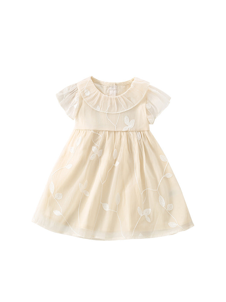 Summer New Arrival Girls’ Leaves And Vine Pattern Embroidery Short Sleeves Round Collar Dress-0