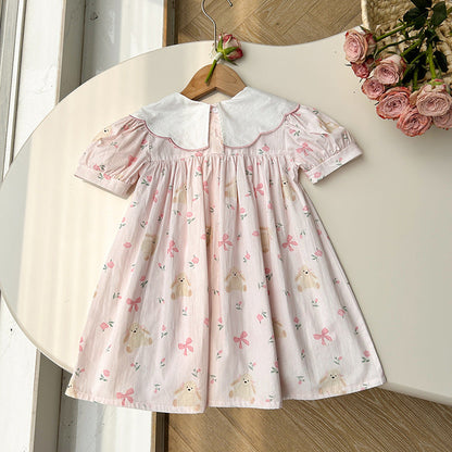 Summer Baby Kids Girls Short Sleeves Floral Teddy Print Embroidery Collar Princess Dress-4