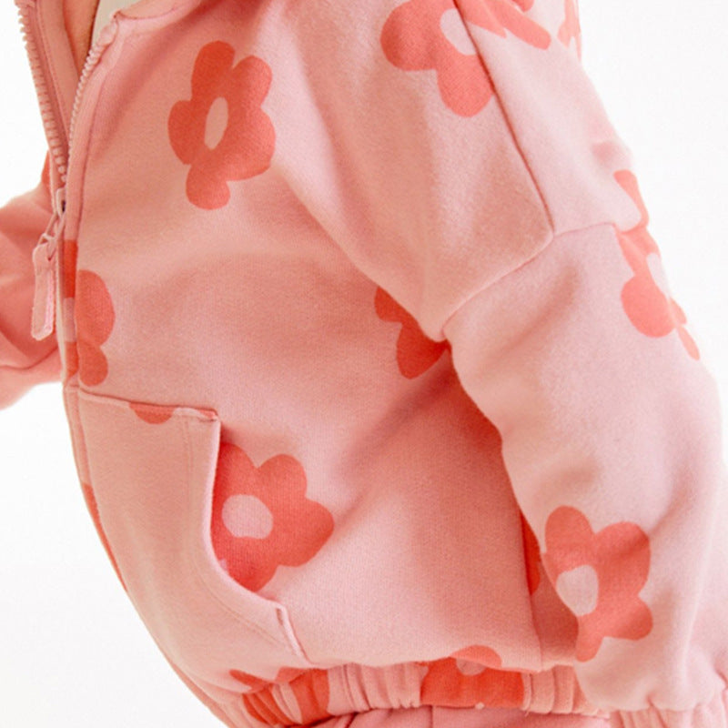 Baby Girl All Over Flower Graphic Zipper Hoodie Coat &amp; Trousers 2 Pieces Sets-4