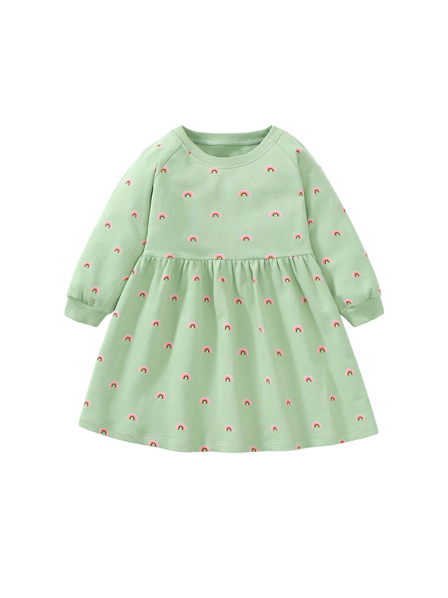 Hot Selling Spring Baby Girls Long Sleeves Rainbow Print Crew Neck Green Dress-1