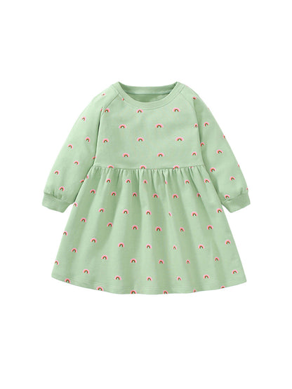 Hot Selling Spring Baby Girls Long Sleeves Rainbow Print Crew Neck Green Dress-1