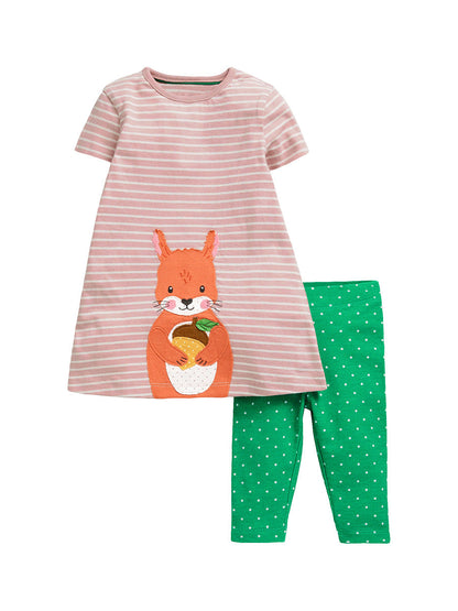 Summer Baby Kids Girls Squirrel Pattern Striped Dress And White Dots Pants Clothing Set-0