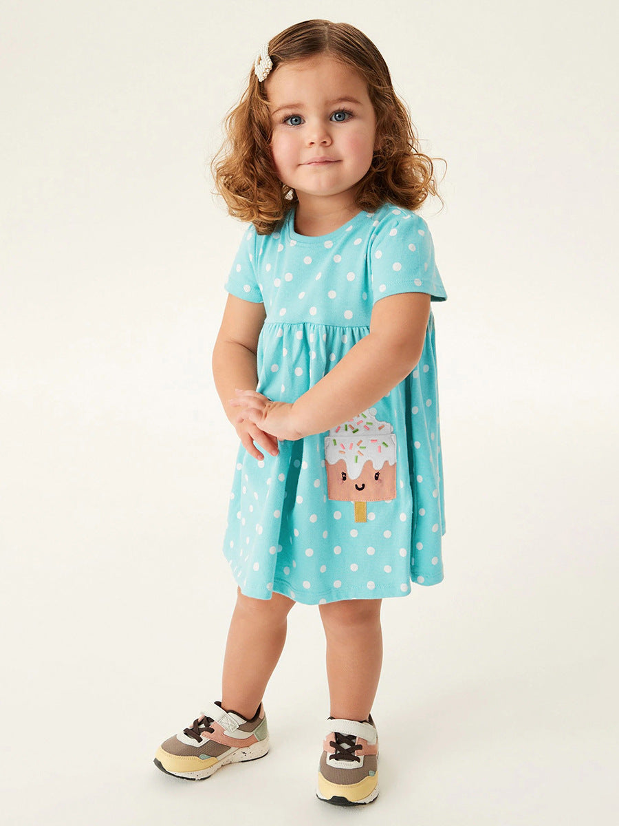 Spring And Summer Baby Girls Short Sleeves Ice-Cream Cartoon Polka Dots Dress-3