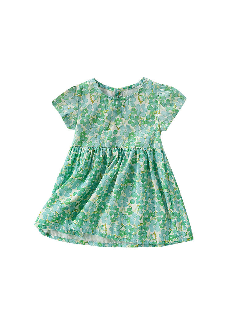 Summer New Design Girls’ Oil Painting Flowers Pattern Short Sleeves Crew Neck Dress-0