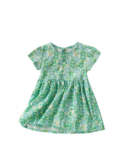 Summer New Design Girls’ Oil Painting Flowers Pattern Short Sleeves Crew Neck Dress-0