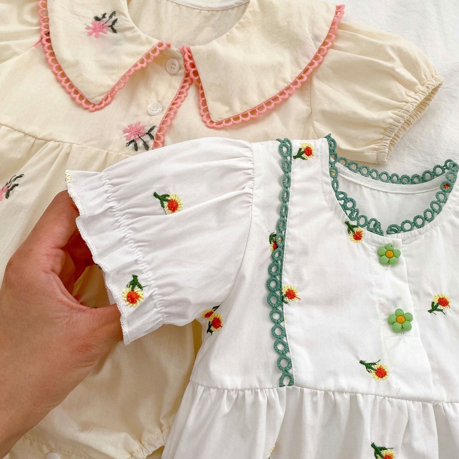 Baby Girl Flower Embroidered Pattern Round Neck Onesies-4