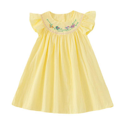 Summer Baby Kids Girls Sleeveless Birds Embroidery Yellow Dress-1