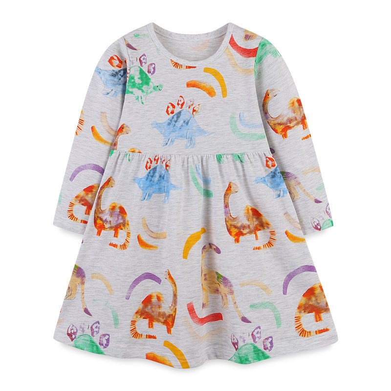 Baby Girl Dinosaur Print Pattern Long Sleeve Autumn Dress-0