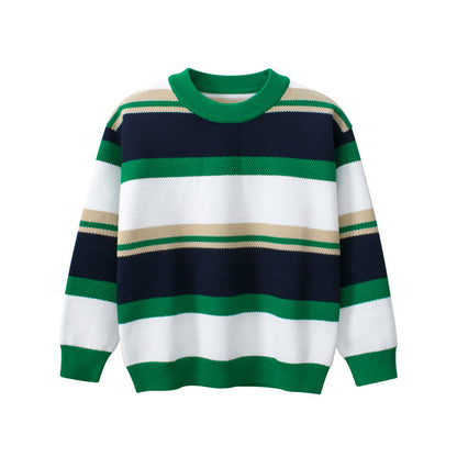 Children Green Striped Graphic Korean Style Pullover Knitwear Sweater-0