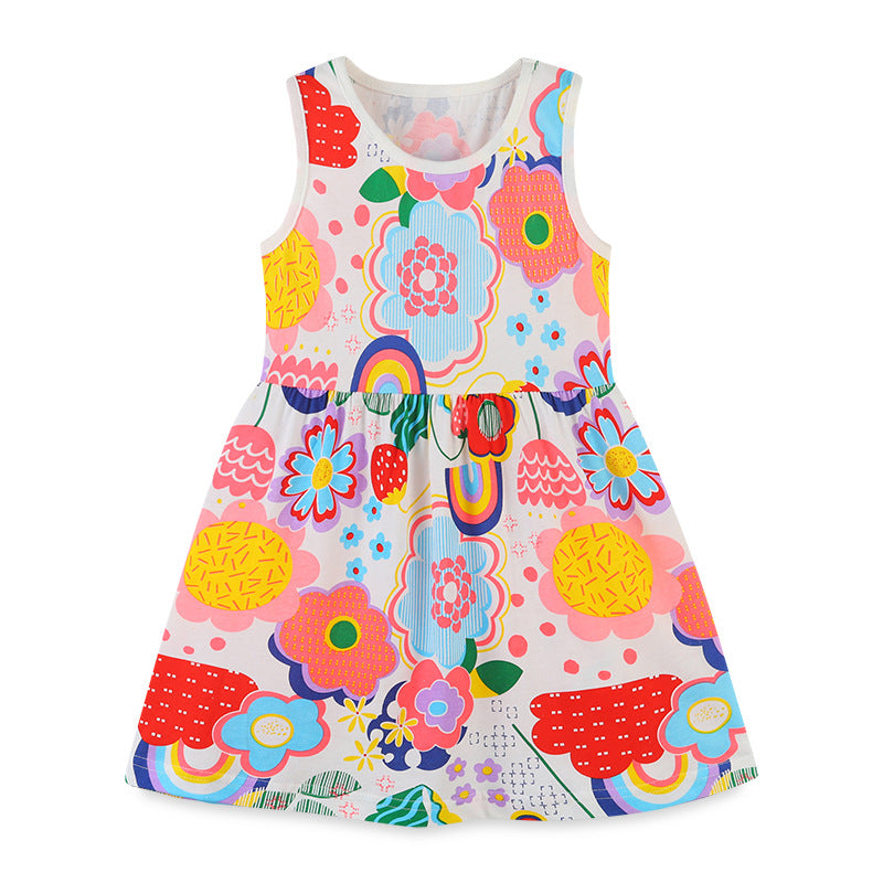 Baby Girl Cartoon Print Pattern Sleeveless Cute Dress In Summer-0