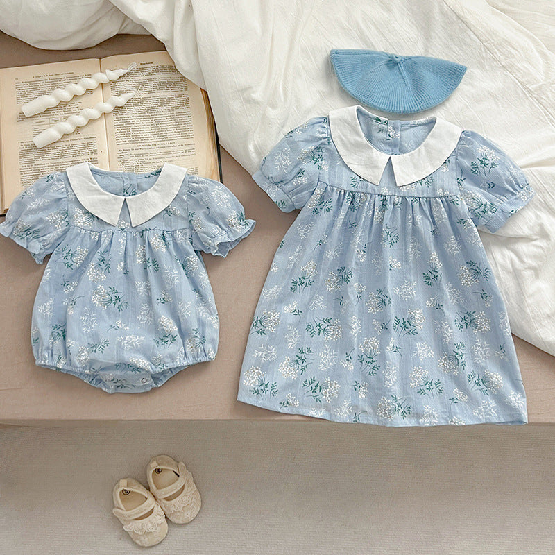 New Arrival Summer Girls Peter Pan Collar Short Sleeves Onesies And Dress – Princess Sister Matching Set-3