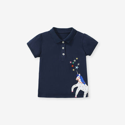 Baby Kids Girls Cartoon Unicorn Pattern Short Sleeves Polo Shirt-0