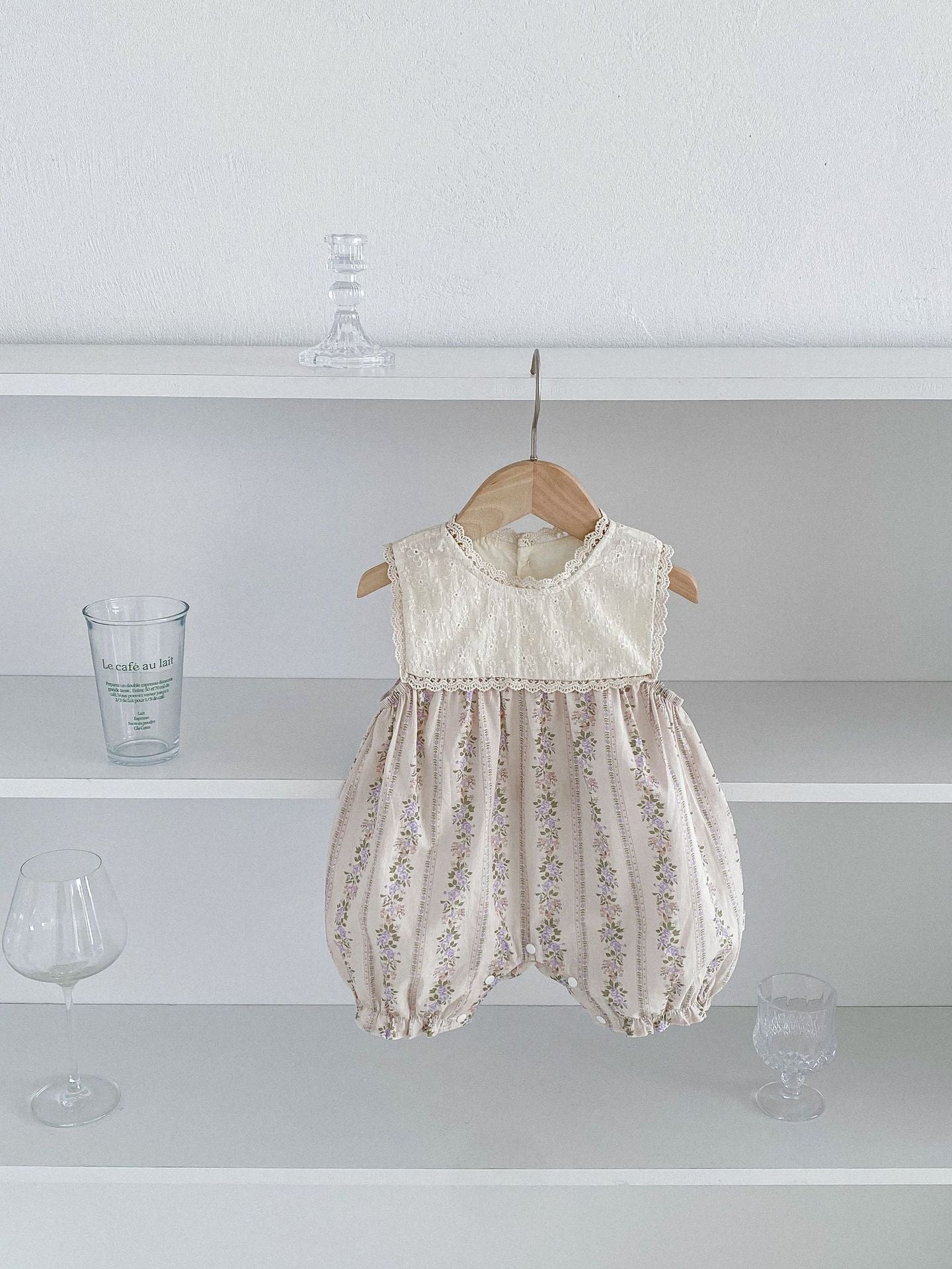 New Design Summer Baby Kids Girls Floral Pattern Ruffle Lace Neck Sleeveless Patchwork Romper-4