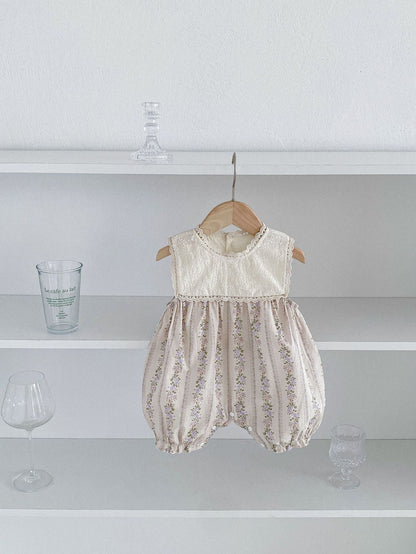 New Design Summer Baby Kids Girls Floral Pattern Ruffle Lace Neck Sleeveless Patchwork Romper-4