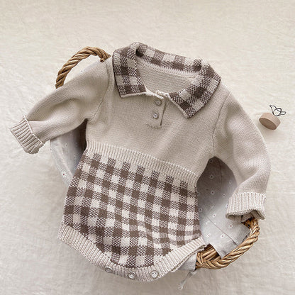 Baby Checkerboard Pattern Polo Neck Knit Warm Onesies-5