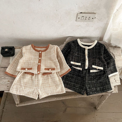 Spring Baby Kids Girls Plaid Cardigan And Shorts Clothing Set-4