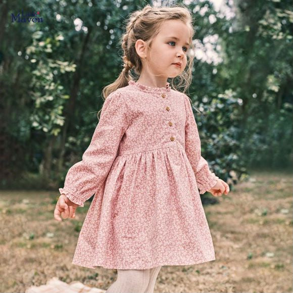 Baby Girl Ditsy Flower Pattern Long Sleeves Sweet Style Dress-0