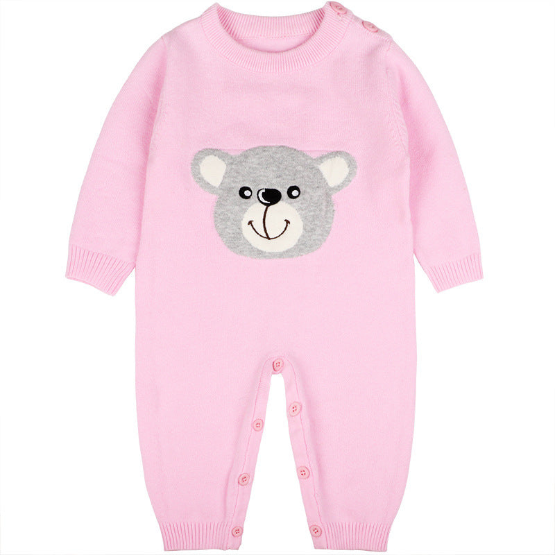 Baby Girl Cartoon Bear Graphic Long Sleeves Knit Thermal Jumpsuit-0