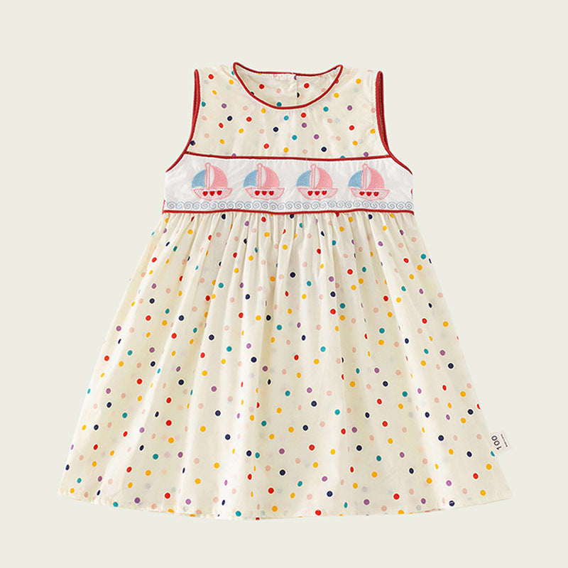 New Design Summer Kids Girls Cute Colorful Dots Sailing Boats Embroidered Sleeveless Dress-0