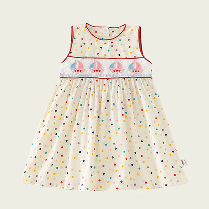 New Design Summer Kids Girls Cute Colorful Dots Sailing Boats Embroidered Sleeveless Dress-0